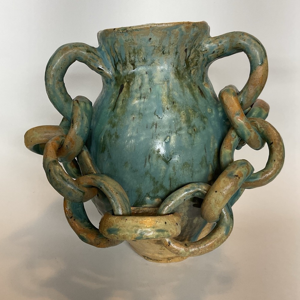 Large Vintage Handmade Asian Tan Green Light Salt Glaze Pottery Chain Wrap Vase - Picture 2 of 15